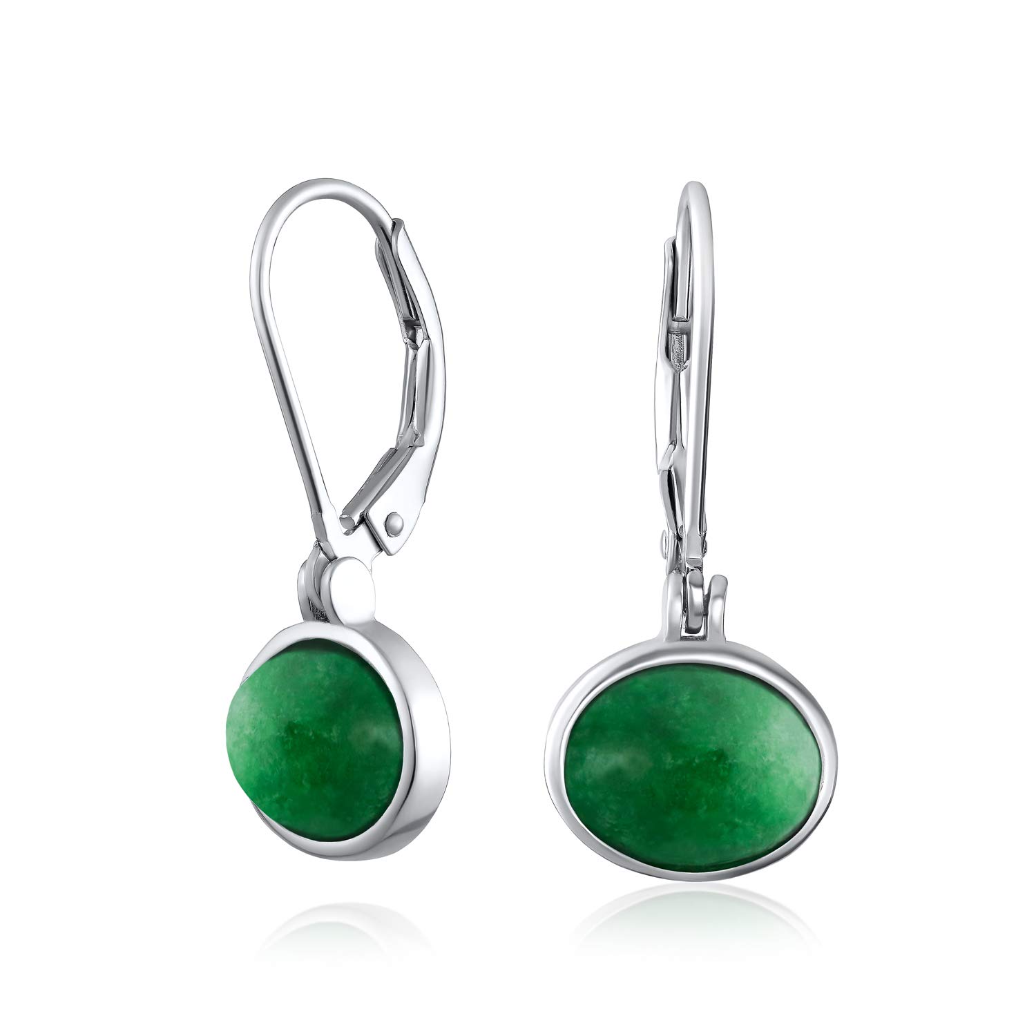 Simple Plain Bezel Set Lever Back Green Jade Oval Gemstones Drop Earrings For Women Teen .925 Sterling Silver 7MM