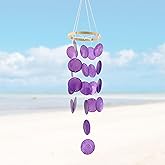 Capiz Wind Chimes for Outside, Outdoor Seashell Hanging Beach Coast Ocean Home Decorative, Unique Natural Shell Waterfall Windchimes for Summer Patio, Great Memorial Sympathy Gift(Purple