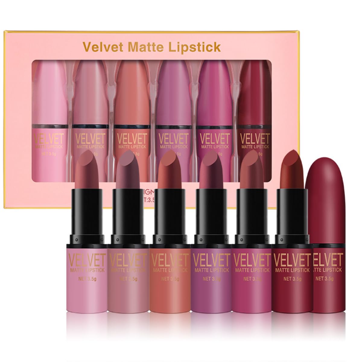 KARLOR 6 Pcs Matte Lipstick Set - Rose, Rosewood, Nude, Red, Pink, Coral - 24 Hour Long-lasting - Silky Moisturizing - Lipstick Gift Set