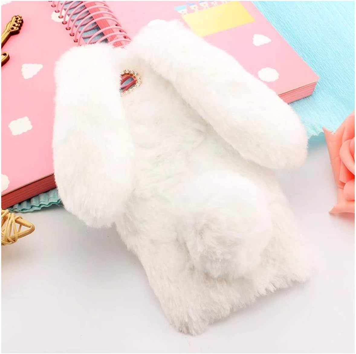 Popularity Cute Rabbit Ears Fur Plush Diamond Phone Case Compatible for iPhone Xs 11 Pro Max XR X 6 6S Plus 4 4S 5 5S SE 5C 7 8 Plus Furry Case Cover,Compatible for iPhone 7 8 Plus,White
