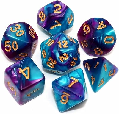 CREEBUY DND Dice Set 7-Piece Polyhedral Lake Blue Purple Acrylic RPG Dice