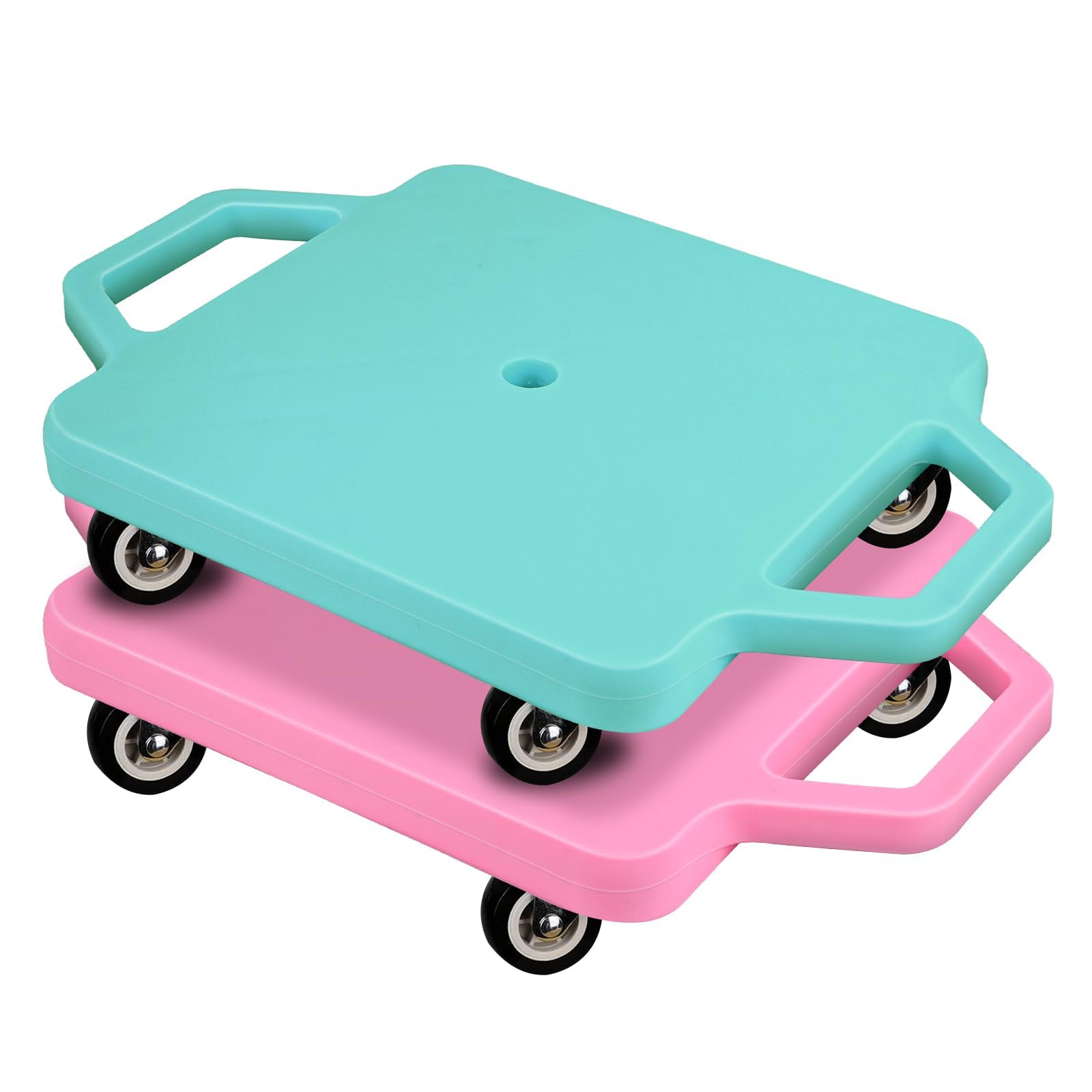 Photo 1 of 2 Pcs Colored Sports Scooter Board with Handles Floor Sitting Scooter Board with Plastic Casters for Children Gym Indoor Outdoor Activities Play Equipment (Pink,Blue)
