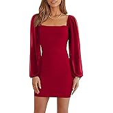 Ofenbuy Women's Mesh Long Sleeve Dress Square Neck Ruched Mini Bodycon Dress Stretch Party Cocktail Dresses