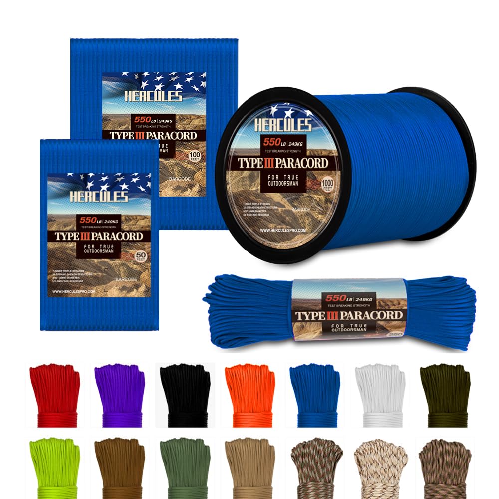 HERCULES 550 Paracord 4mm Type III 7 Strands Parachute Cord, 50' Royal Blue Utility Rope for Crafting, DIY, Camping, Survival, Outdoor
