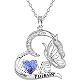 Aurora Tears Birthstone Love Heart Butterfly Pendant Necklace - 925 Sterling Silver Firework-Cut Cubic Zirconia Love Forever Necklace Anniversary Birthday Jewelry Gift for Women Wife Mom Daughter