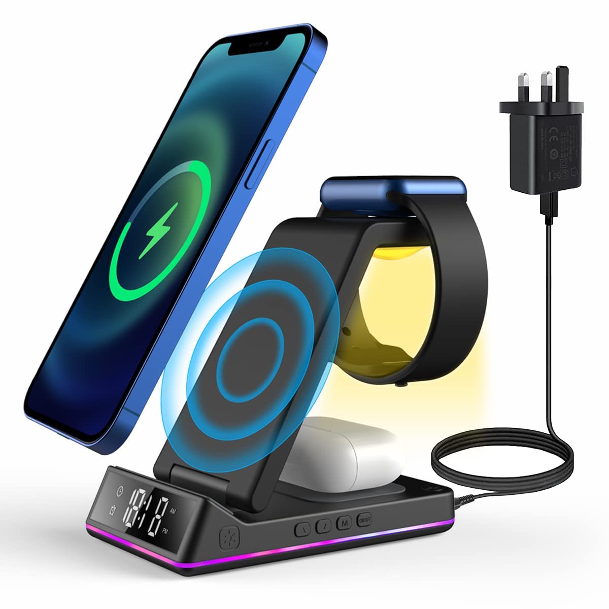 PINRUIGE Wireless Charger with Alarm Clock and Night Light, 5 in 1 Wireless Charging Station Wireless Charging Stand Compatible with i-Phone 15/14/13/12/11/XS/X/8 Series, iWatch Series, Air-pod Pro