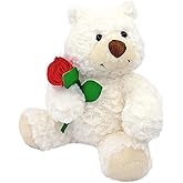 Dreplfn White Plush Teddy Bear with Rose 9” Cute Small Teddy Bear Soft Stuffed Animal Plush Doll for Valentines Wedding Anniversary Birthday Gift for Kids Girls Girlfriend Wife Mom