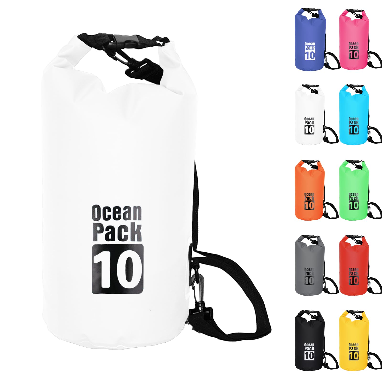 Dry Bag 10L, Boat Dry Bags White Waterproof Bag Dry Sack Roll Top Long Adjustable Shoulder Strap 2L/5L/10L/20L/30L/40L for Drifting Boating Kayaking Fishing Rafting Swimming Camping Canoeing Surfing