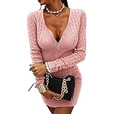 Veatzaer Womens Zipper V-Neck Casual Slim Fit Sweater Dress Long Sleeve Solid Sweaters Knit Mini Dress