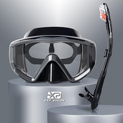 EXP VISION Dry Snorkel Set Pano 3 Window Mask Anti-Fog Dry Top Snorkel (Dark