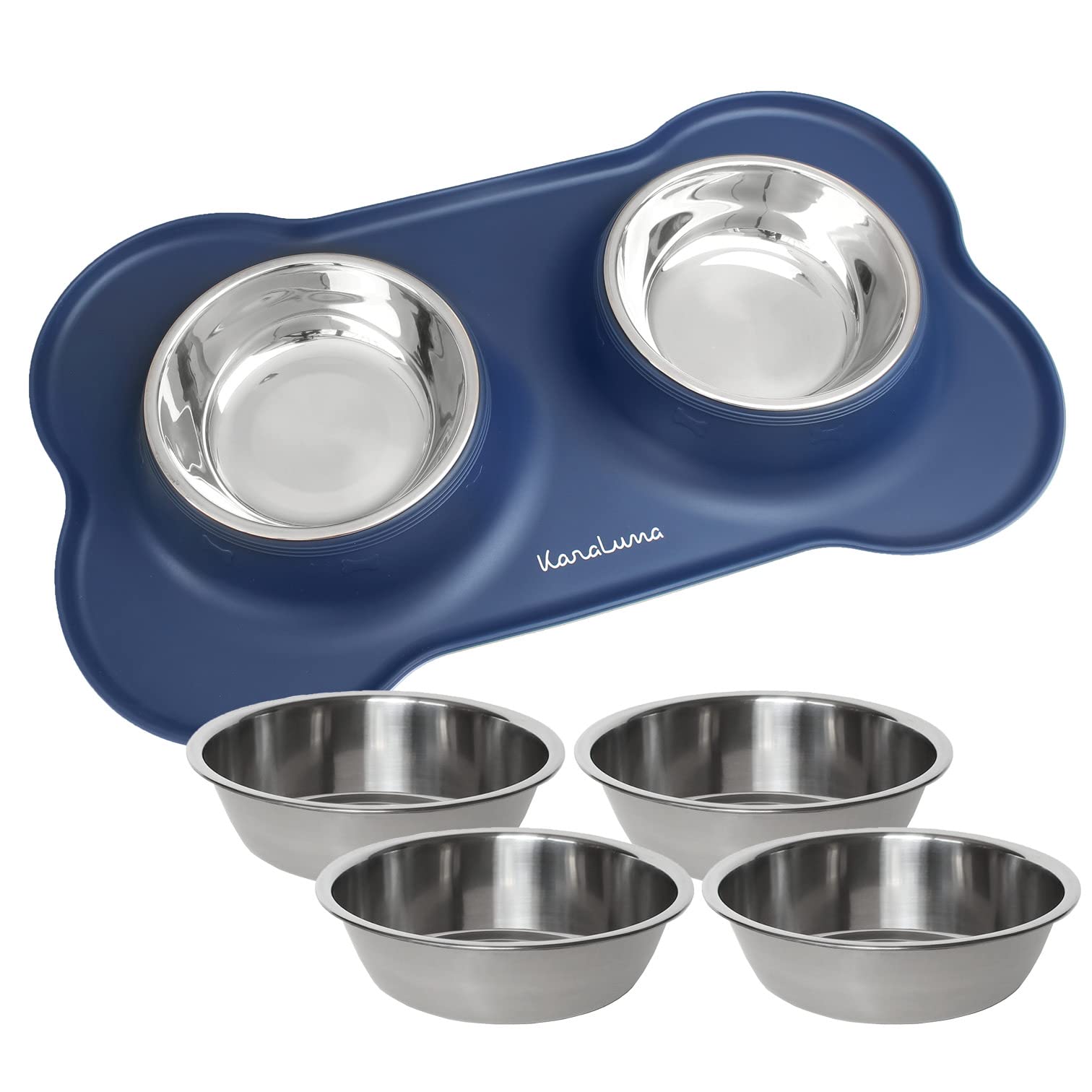 KaraLuna Silicone Bowl Mat with Stainless Steel Feeding Bowl I for Cats and Dogs (400 ml, Blue)