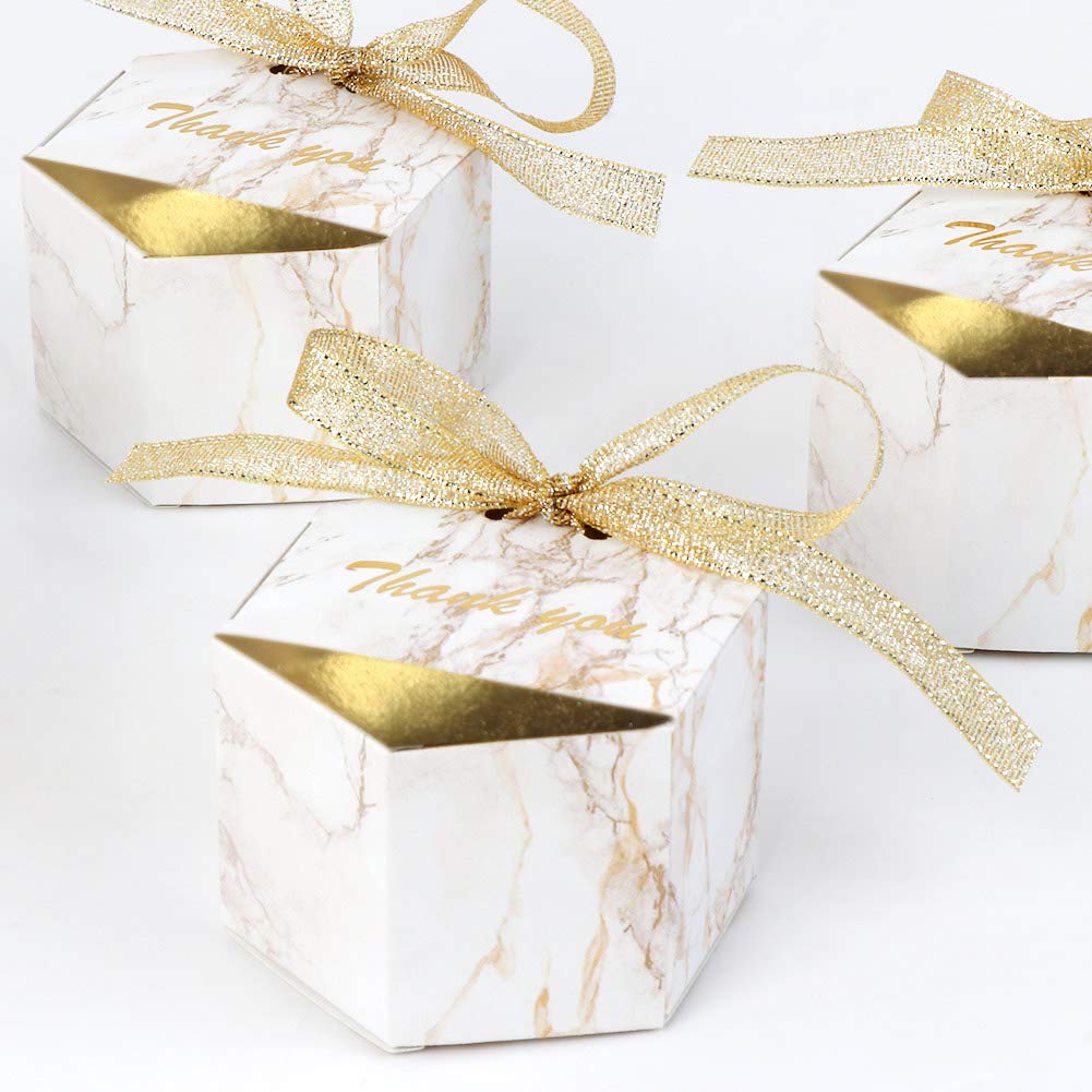 Photo 1 of AerWo 50pcs Marble Wedding Party Favor Boxes, Gold Candy Boxes Bags Hexagonal Chocolate Treat Gift Boxes with Ribbons for Bridal, Baby Shower Birthday Decoration