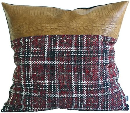 Kdays Tweed Red Check Pillow Cover Designer Modern Throw Pillow Cover Decorative Faux Leather Pillow Cover Handmade Cushion Cover 22x22 Inches