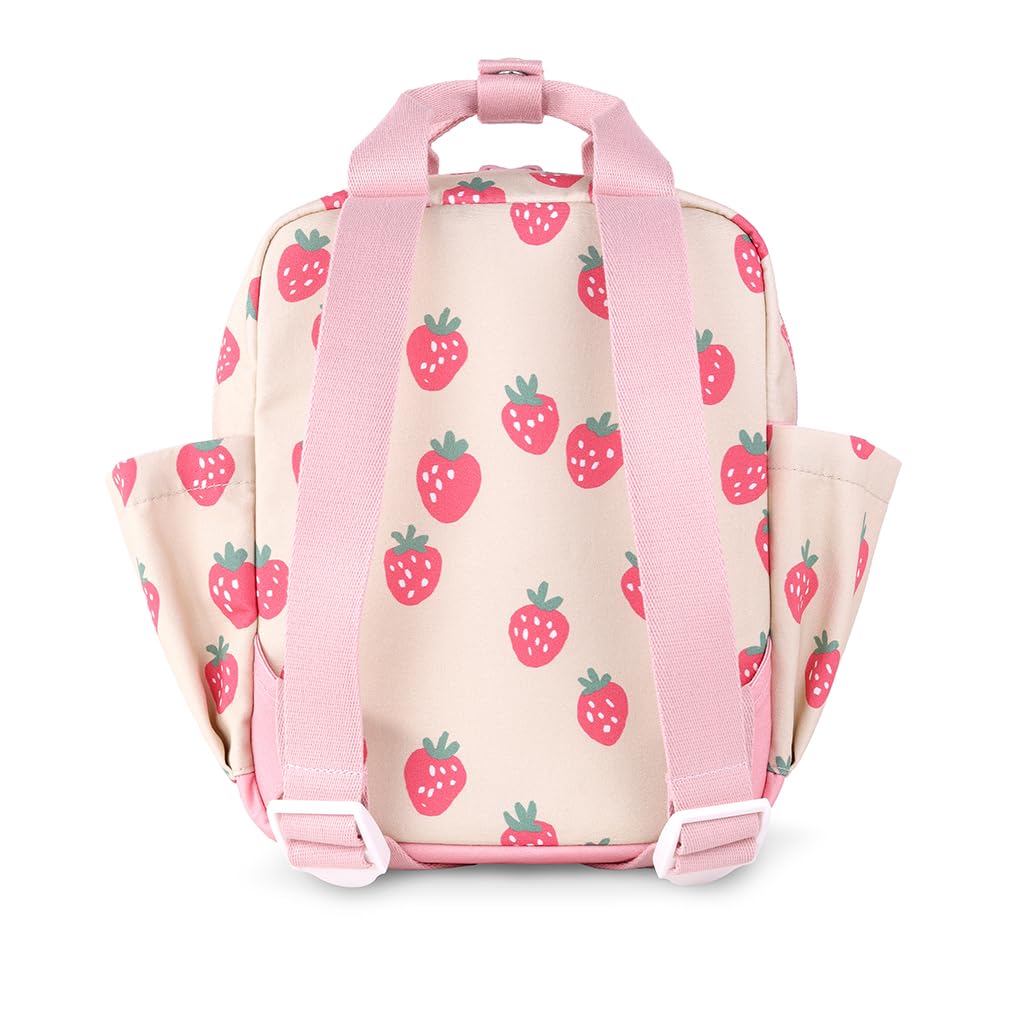 Itzy Ritzy Toddler Backpack - Daycare Bag - Features Adjustable Shoulder Straps, 2 Side Pockets & Spacious Interior with Wipeable Fabric Lining & Name Label, Strawberry Backpack