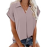Gaharu Women's Summer Work Blouse V Neck Short Sleeve Lapel Shirt Top Tunic