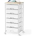 Rolling Storage Cart with Drawers,Utility Cart with 6 Large Drawers and Wooden Tabletop,Craft Storage Cart with Lockable Wheels for Bedroom, Office, Classroom, Kids'Room, Living Room (White)