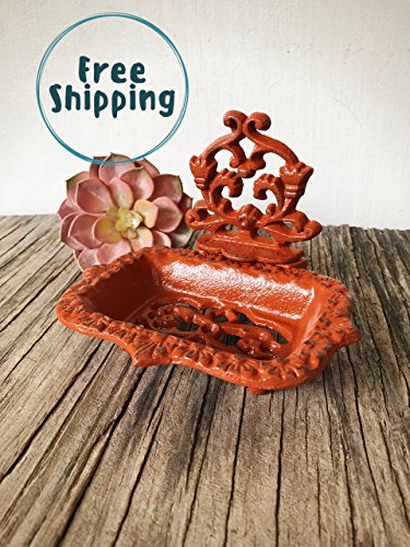 Decorative Metal Desktop Business Card Holder - Unique Desk Organizer - Farmhouse Style Office Decor - Burnt Orange - Thumbnail 4