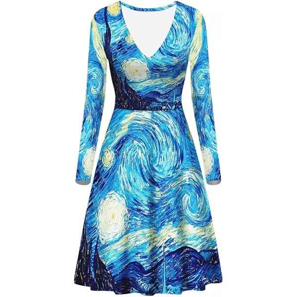 GLUDEAR Women's Paint Art 3D Print Long Sleeve Unique Casual Flared Midi  Dress,Blue Paint Galaxy,S at Amazon Women's Clothing store