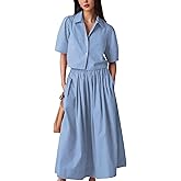 Agoeast Womens Summer 2 Piece Outfits Skirt Sets Button Short Sleeve Tops Elastic Waist Maxi Dress Sets with Pockets