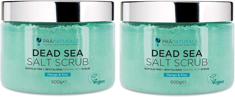 PraNaturals Dead Sea Salt Scrub 2x500g Mango Kiwi Nourishing Exfoliating Skin