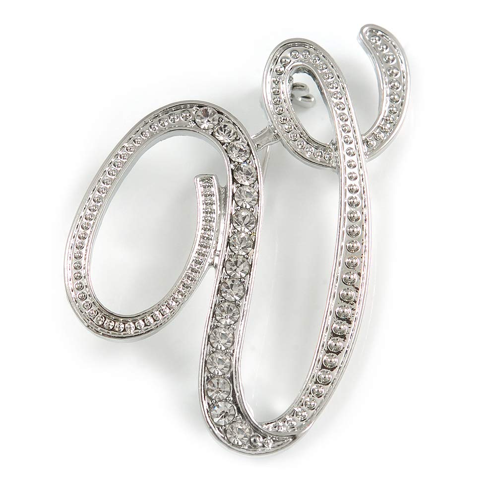 'V' Rhodium Plated Clear Crystal Letter V Alphabet Initial Brooch Personalised Jewellery Gift - 45mm Tall