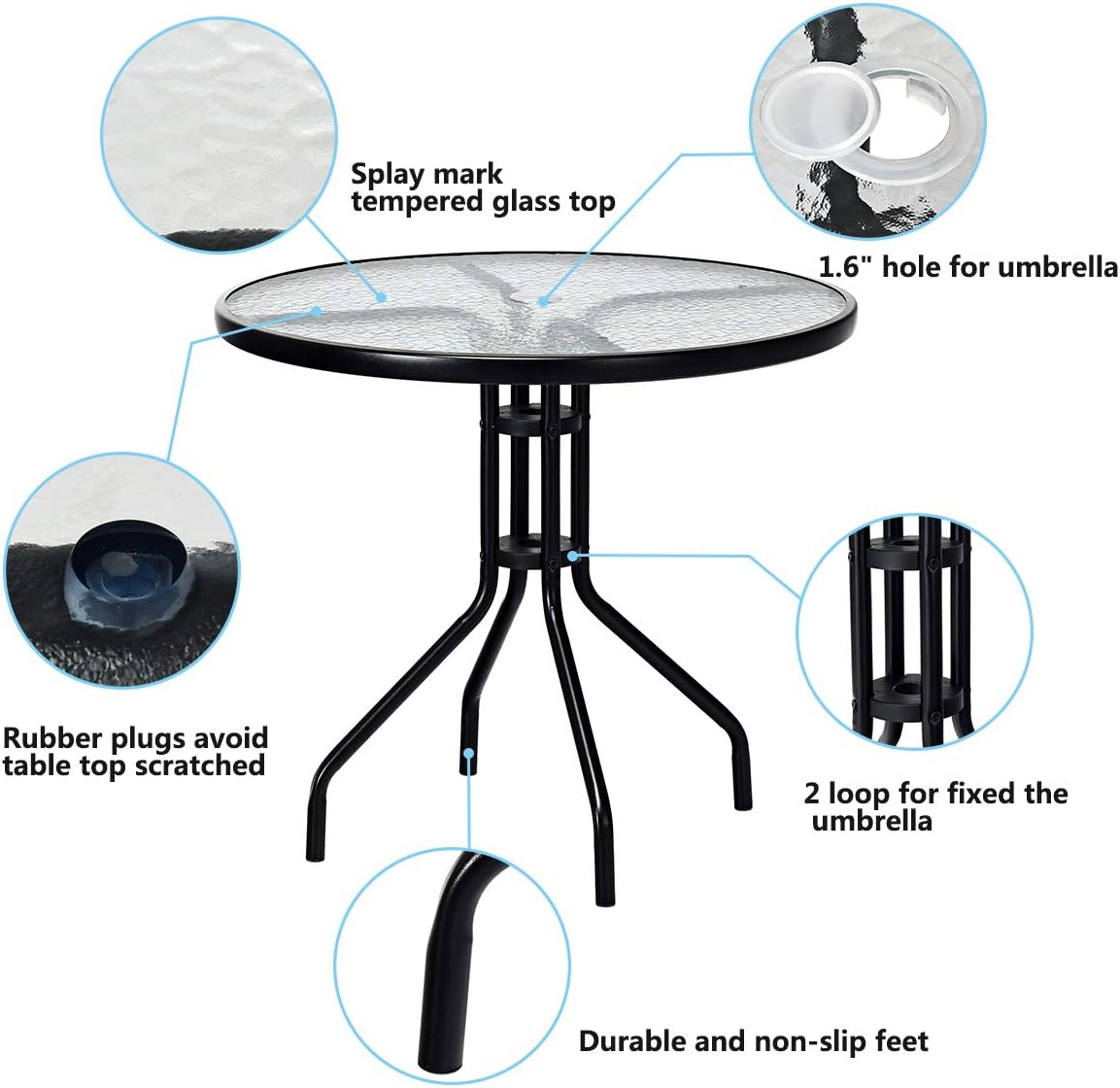 Goplus 32" Outdoor Patio Table Round Shape Steel Frame Tempered Glass Top with Umbrella Hole Commercial Party Event Furniture Conversation Coffee Table for Backyard Lawn Balcony Pool (Black): Kitchen & Dining