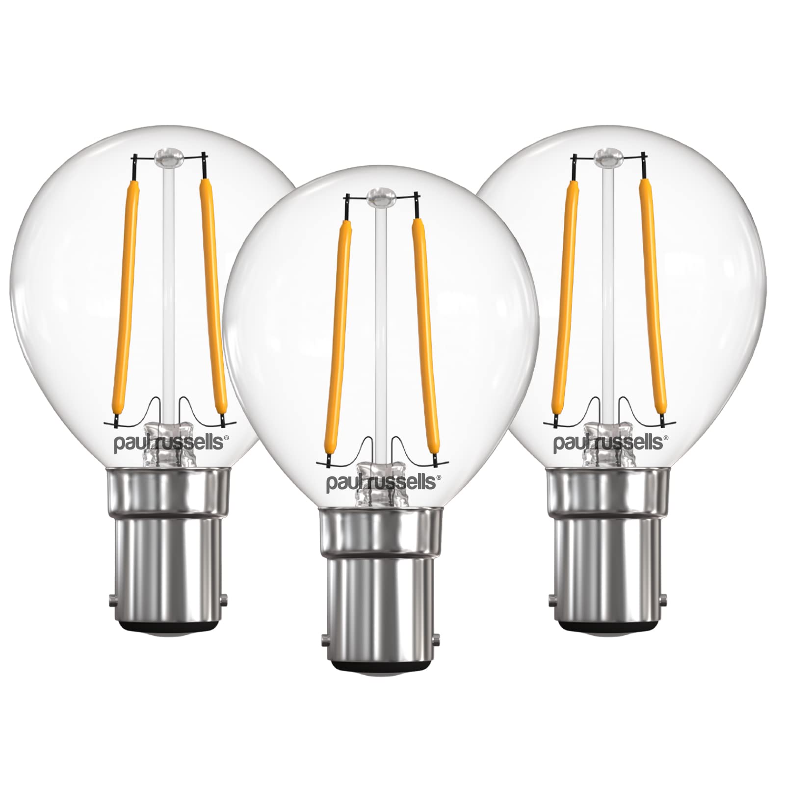 paul russells LED Filament Golf Ball Light Small Bayonet Cap B15, 25w Equivalent Bulb, 2.5W 250LM Mini Globe G45 LED Bulbs, 2700K Warm White, Energy Saving Chandelier Lightbulbs, Pack of 3