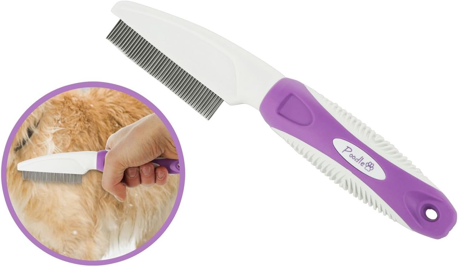 Poodle Pet Metal Flea Comb with Handle & Rotatable Pins, Safe, Easy to Use 8.5” x 1.5” Stainless Steel Fine Toothed Flea Removal Tool for Small Dogs, Longhaired Cats, Kittens, Rabbits, Puppies
