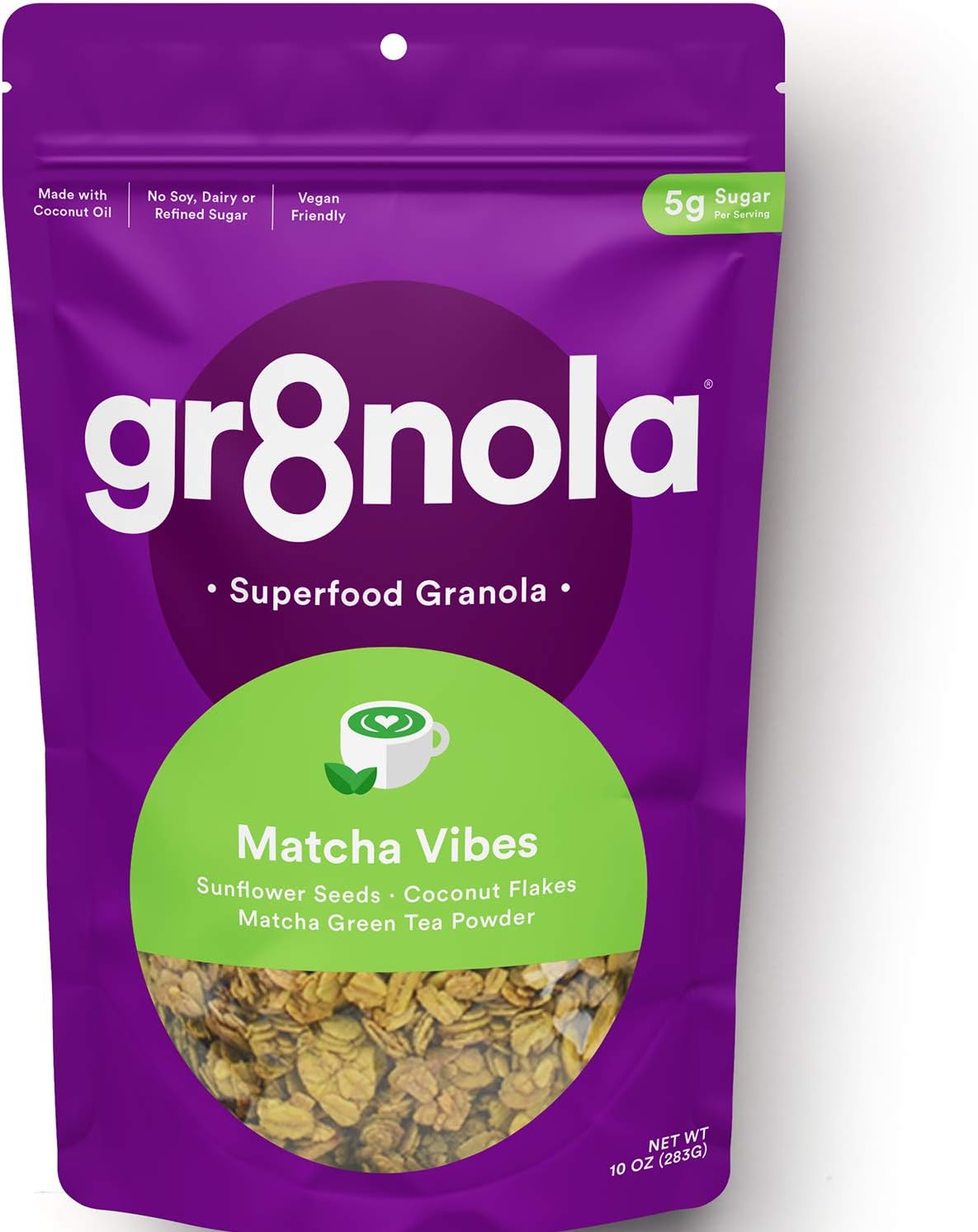 gr8nola MATCHA VIBES - Healthy, Low Sugar, Vegan Granola Cereal - Made with Superfoods Matcha Powder, Sunflower Seeds and Coconut, Soy Free, Dairy Free and No Refined Sugar - 10oz Resealable Bag