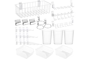 Sunnychicc 28 Pcs Slatwall Accessories Organizer Kit with Slatwall Hooks Bins Cups Basket for Organizing Garage Kitchen Workbench Craft(Clear and White)