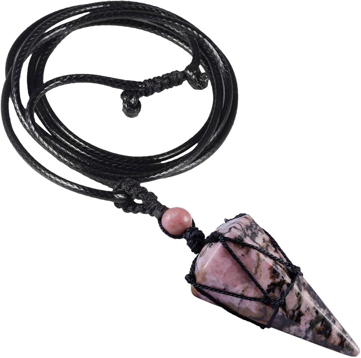 Nupuyai Braided Rhodonite Crystal Point Pendant Necklace for Women Men Hexagonal Pendulum Pendant with Adjustable Cord