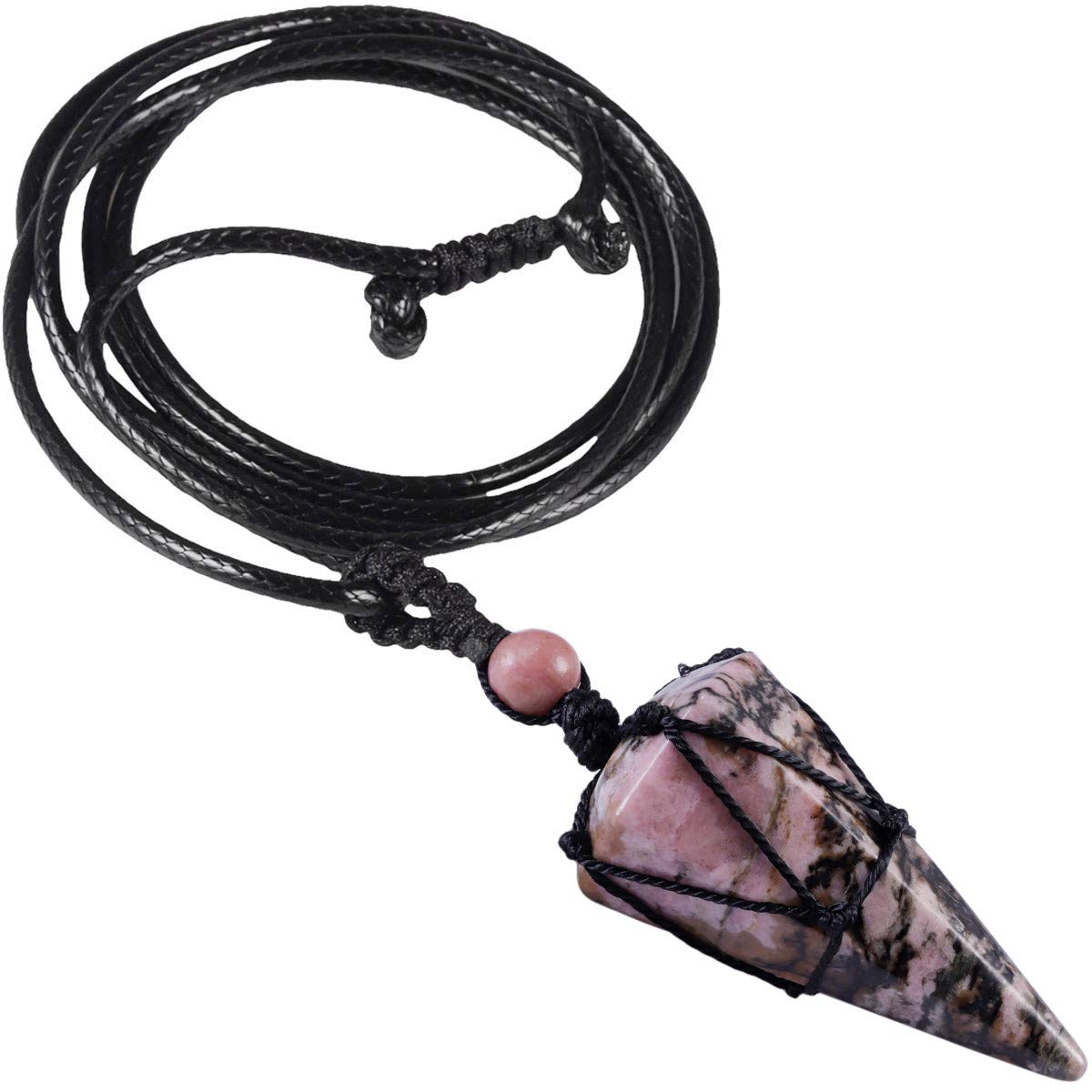 Nupuyai Braided Rhodonite Crystal Point Pendant Necklace for Women Men, Hexagonal Pendulum Pendant with Adjustable Cord