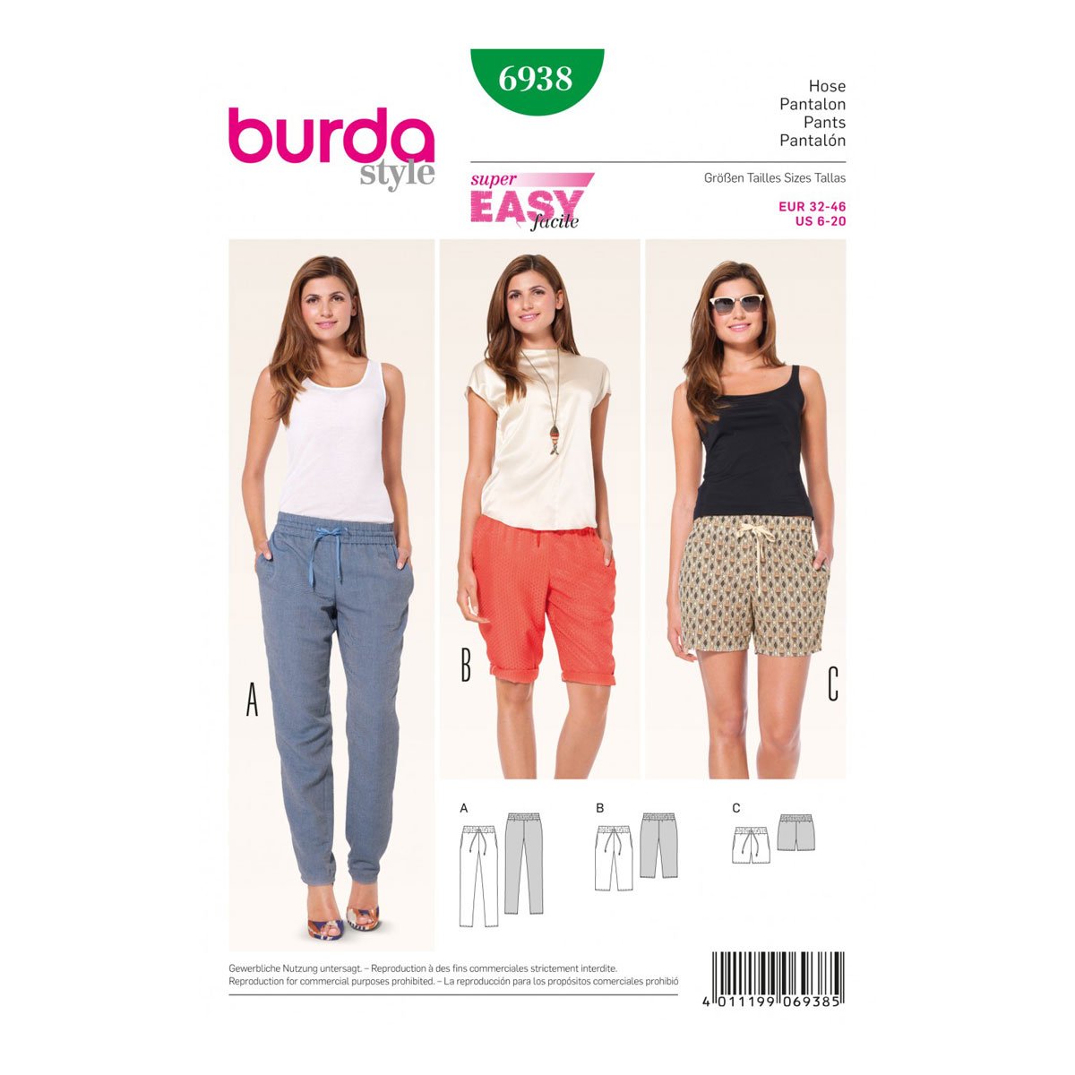 Burda Ladies Easy Sewing Pattern 6938 - Trouser Pants & Shorts Sizes: 6-20 (Package may vary)