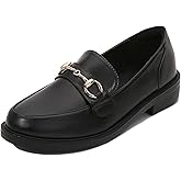 NHBEOEN Black Penny Loafers for Women Comfortable Patent Leather Round Toe Slip On Chunky Heel Loafers with Metal Horsebit Business Office Casual Shoes
