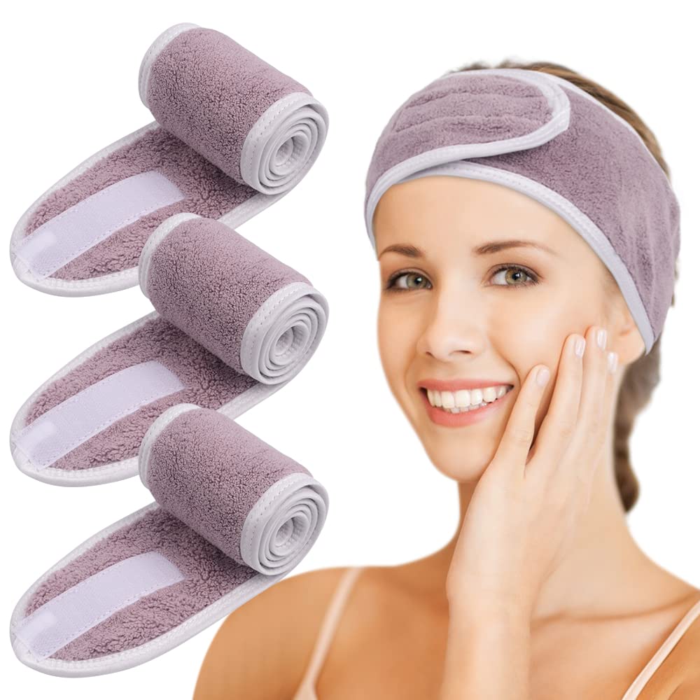 KinHwa 3 Pack Spa Facial Headband Makeup Hair Band Women Skincare Adjustable Microfibre Headband for Washing Face Sports Yoga Purple