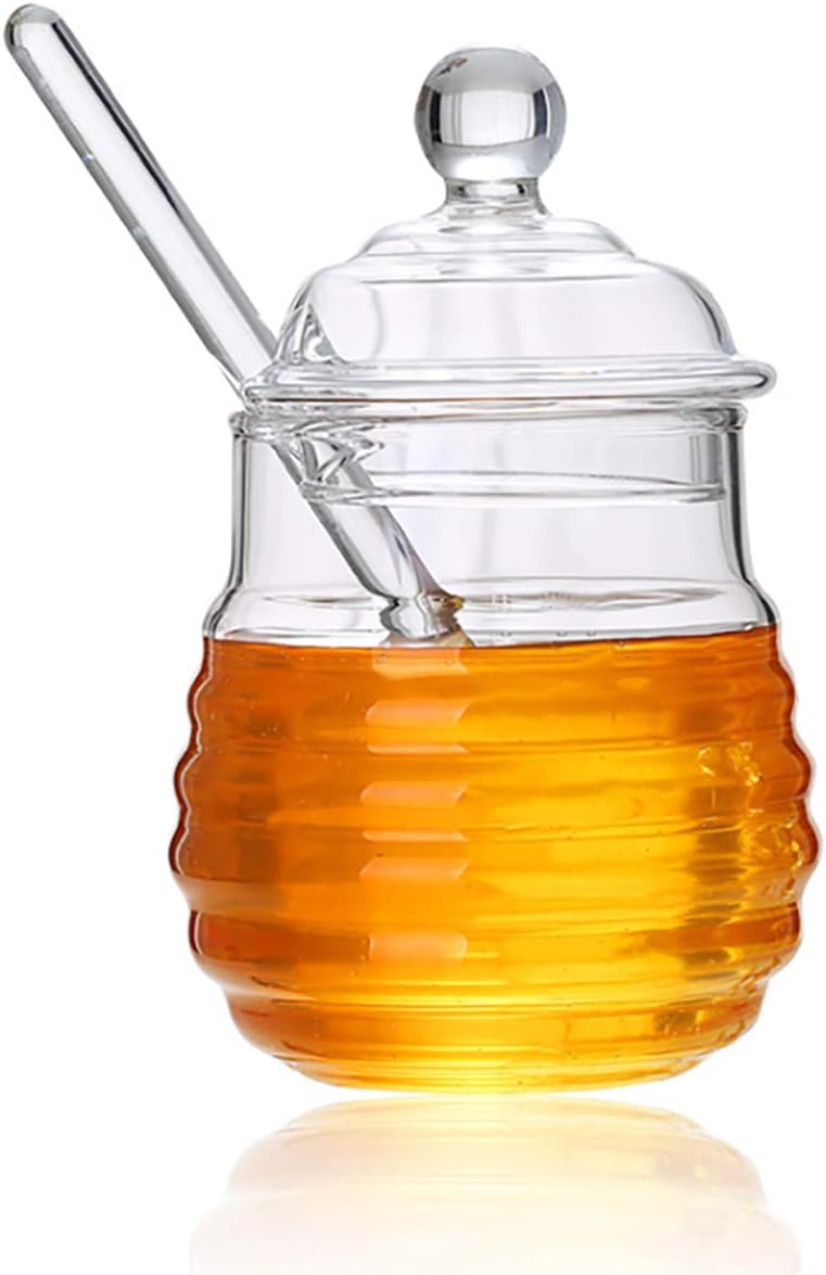 Crystal Glass Honey Jars with Dipper and Lid Heat-Resistant Borosilicate Glass 10 oz Honey Container for Home Kitchen,honey containers and dippers