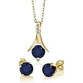 Gem Stone King 18K Yellow Gold Plated Silver Blue Sapphire and Diamond Pendant and Earrings Jewelry Set For Women | 3.05 Cttw | Gemstone Birthstone | With 18 Inch Chain