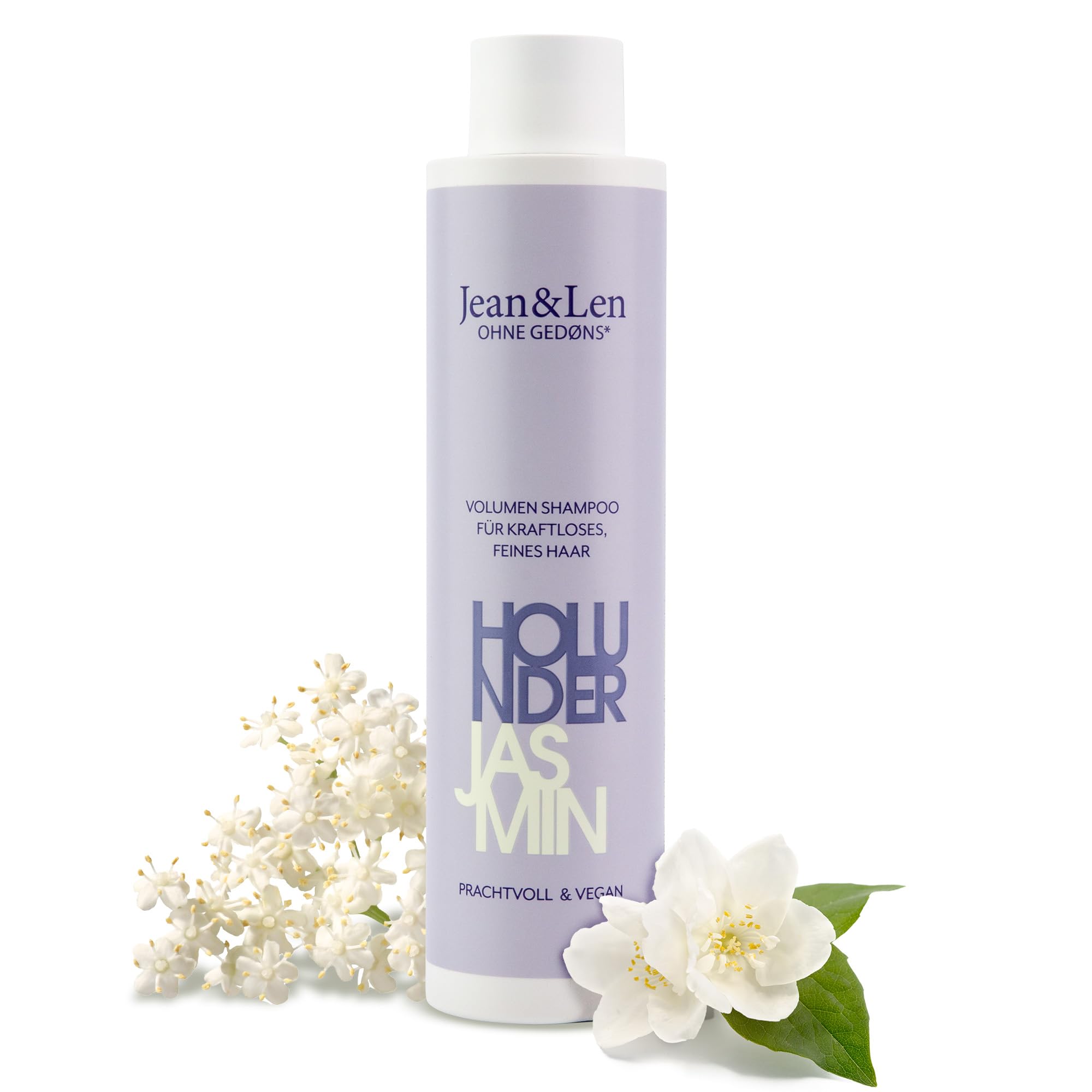 Jean & Len Volume shampoo for healthy and magnificent looking hair, gives the hair fullness and strength and smells of fruity elderberry and floral jasmine, 300 ml