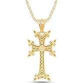 AFFY Khachkar Armenian Cross Pendant Necklace for Women & Men, 14K Gold Over 925 Sterling Silver Religious Christian Jewelry with 18" Rope Chain, Faith Gift
