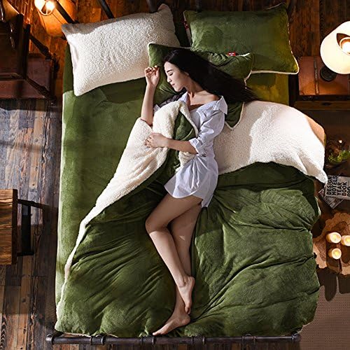 4Pcs Flannel Sheep Velvet For Winter Thicken Super Soft Warm Quilt Cover Sheets Blankets (queen, Dark green)