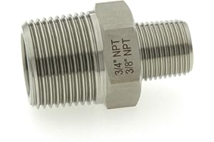 ADAPTORMOUNT 3/4" NPT Male x 3/8" NPT Male, Stainless Steel 316-L Reducer Hex Nipple Connector, Reducing Pipe Fitting Adapter