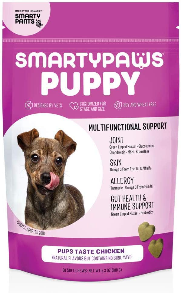 SmartyPants Dog Vitamins and Supplements, Puppy Formula: Multivitamin with Glucosamine, Chondroitin, & Probiotics for Joint, Skin, & Gut Support, Chicken Flavor, 60 Soft Chews by SmartyPaws