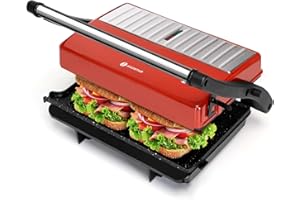 Panini Press Grill, Aigostar 1000W Sandwich Maker with Ceramic Non-stick Plates, Opens 180 Degrees for Any Size Food, 3-in-1 Sandwich Press Electric Grill, Drip Spout & Locking Lid, Red