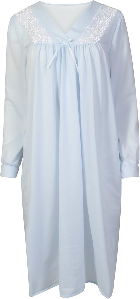 Ladies Long Sleeved Brushed Polyester Nightdress. Pink Blue or Ivory