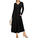 Glamaker Women's Long Sleeve Fall Dress 2024 Casual V Neck Ribbed Knit Button Down Maxi Dress Wedding Guest Dresses Pockets
