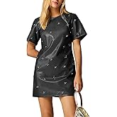 LifeShe Rhinestone Faux Leather Dress for Women Casual Short Sleeve Crew Neck Elegant A-line Mini PU Dresses