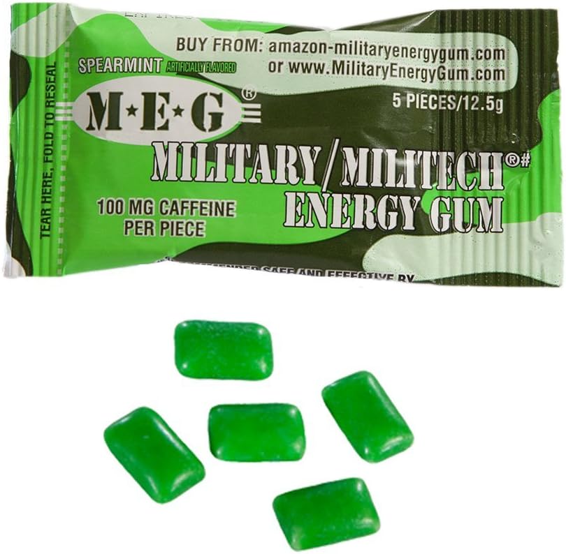 MEG - Military Energy Gum | 100mg of Caffeine Per Piece + Increase Energy + Boost Physical Performance + Spearmint 24 Pack (120 Count): Health & Personal Care