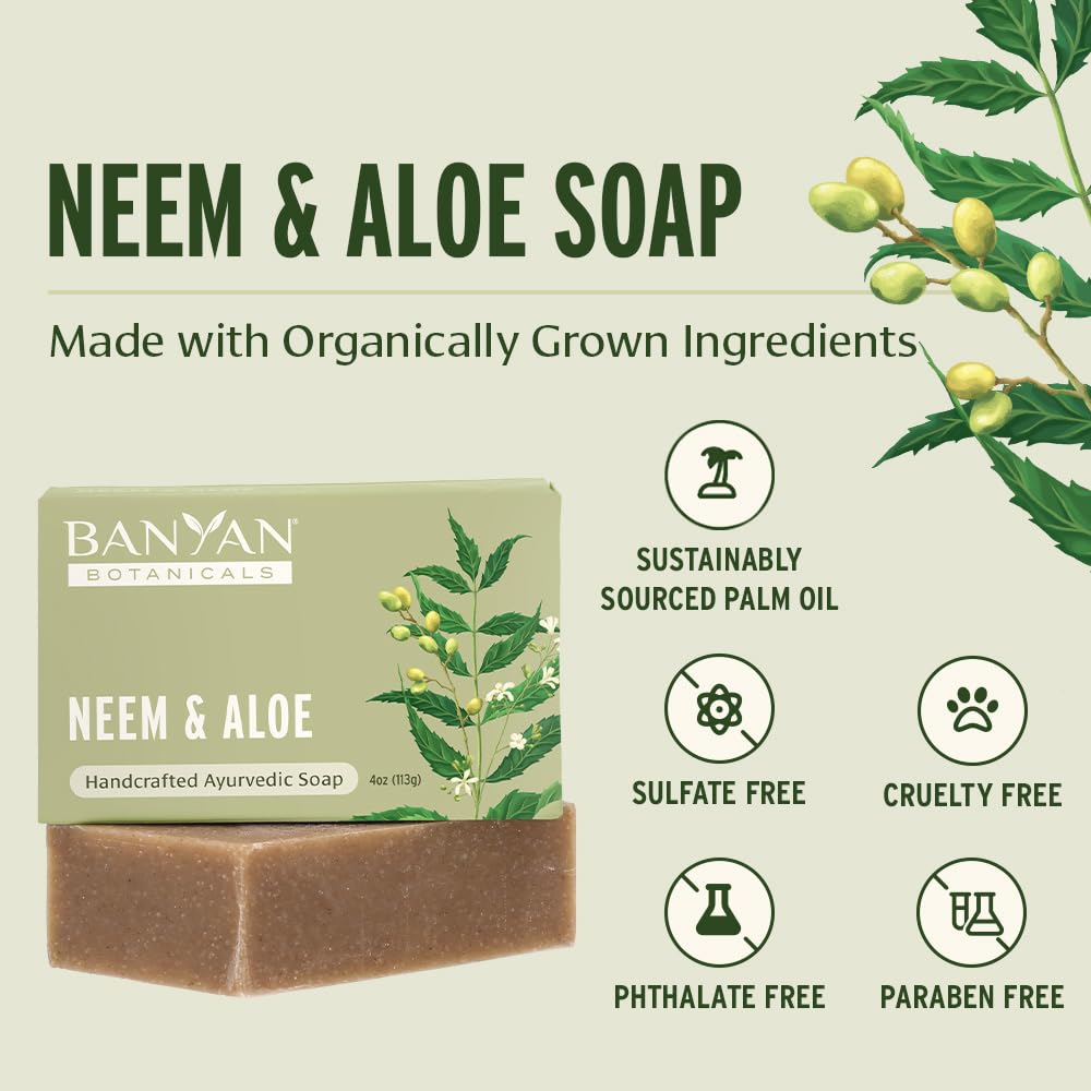Banyan Botanicals Neem & Aloe Soap – Calming and Soothing Soap for Sensitive Skin – With Organic Neem Leaf, Aloe Vera, and Vetiver Essential Oil – 4 oz Bar – Free of Sulfates, Phthalates & Parabens