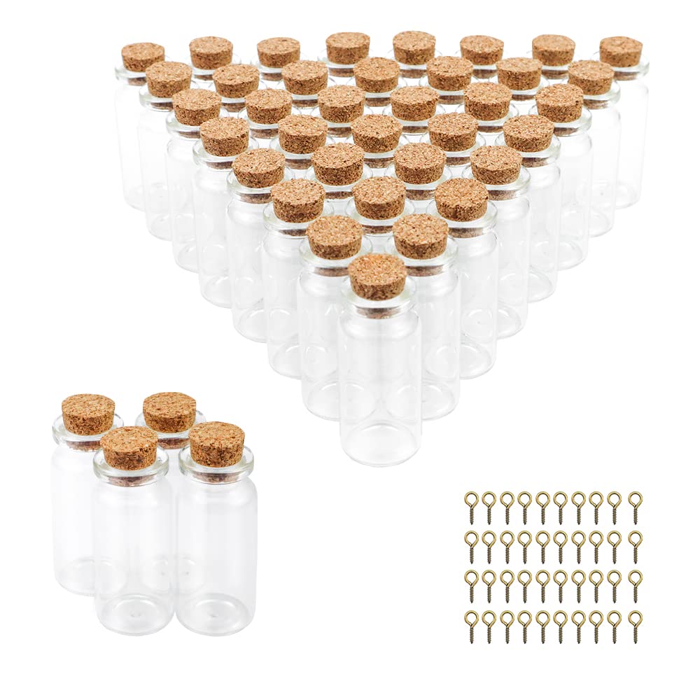 BiBiFly 40pcs 10ml Mini Glass Jars Bottles with Cork Stoppers, Clear Wish Bottles/Mini Vials Cork/Message Glass Bottle for Wedding Party Favors, DIY Arts Crafts Decoration etc