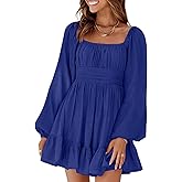 Dokotoo Womens Summer Dresses Square Neck Tie Back Spring Clothes Lantern Long Sleeve Dark Blue Dresses Ruffle A-Line Plus Size Dress Shirred Elastic Waist Casual Mini Dress XX-Large